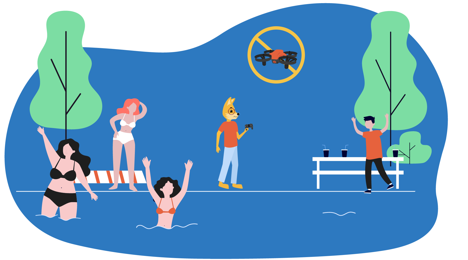 Eine Drohne, die Menschen im Schwimmbad filmt, ist verboten aufgrund Privatsphäre und dem Filmen von dritten Personen.